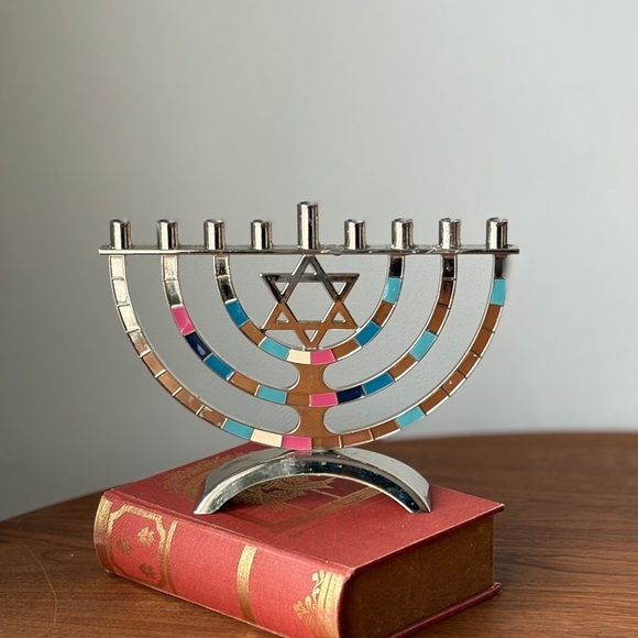 Silver-Tone Enamel Menorah with Multicolor Inlays - Picture 6 of 15